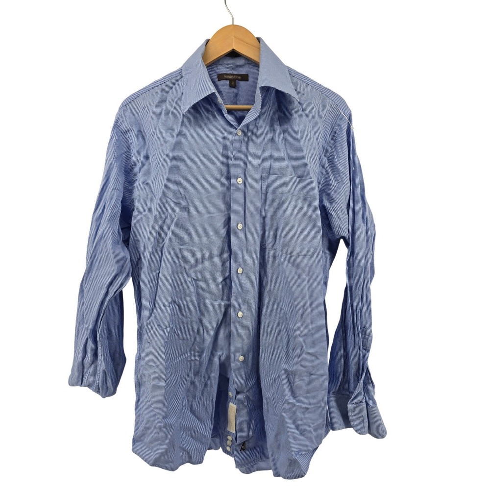 Nordstrom Button Down Shirt Mens 16 34 Blue Micro-Check Long Sleeve Point Collar